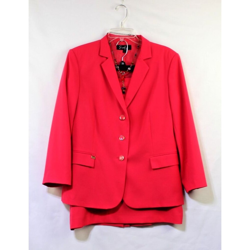 Emily 3 PC Dark Red/Pink Polyester Jacket Pencil Skirt Suit Size 14 Necklace